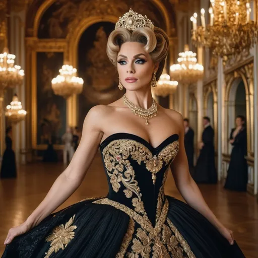 Prompt: A stunning ballroom scene in a grand 19th-century Russian palace, featuring a breathtakingly gorgeous muscular 35-year-old Russian drag queen bodybuilder in the center as Anna Karenina from the 1997 film. She wears an elegant, intricately detailed black and gold ball gown with delicate lace and a luxurious full skirt, embodying grace and nobility. Her hair is styled in an exquisite updo, adorned with pearls and jeweled accessories. Around her, aristocratic guests in opulent period attire gaze in admiration and awe, enchanted by her beauty and elegance. The ballroom is illuminated by grand chandeliers, casting a warm golden glow over the polished marble floors and elaborately decorated walls. The scene is captured in a classic cinematic style, evoking the romantic and dramatic essence of vintage film aesthetics.