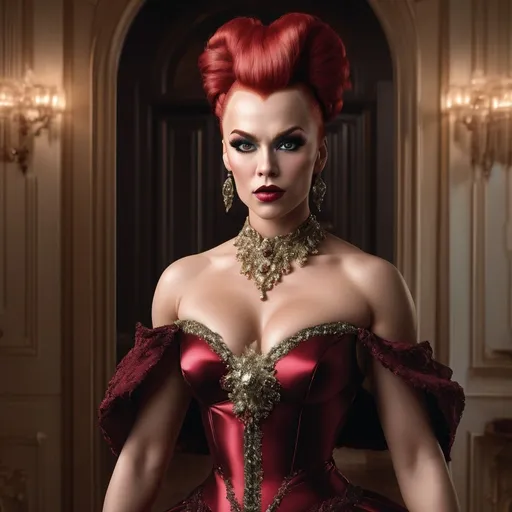 Prompt: Full-length fullbody photograph of a Gorgeous ultra-muscular 25-year-old Swedish drag queen with huge busom and short wavy dark red mohawk hair wearing classic dress at a home,  perfect detailed face, detailed symmetric hazel eyes with circular iris, realistic, stunning realistic photograph, 3d render, octane render, intricately detailed, cinematic, Isometric, Centered hiper reallistic cover photo, awesome full color, dark, gritty, klimt, erte 12k, high definition, cinematic, neoprene, stylized hi-res 64k realistic digital photography, smooth, ultra high definition, 8k, unreal engine 5, ultra sharp focus, ominous, epic, highly detailed, vibrant,  composition focus on full body.