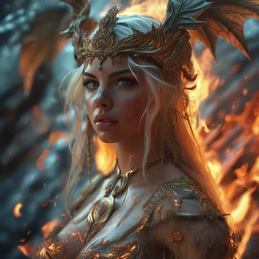 Prompt: HD 4k 3D 8k professional full-length modeling photo hyper realistic gorgeous ultra-muscular 28-year-old Fire and Ice Gypsy Princess of Carpia, ethereal greek goddess, full body surrounded by ambient glow, enchanted, magical, highly detailed, intricate, highly realistic woman, high fantasy background, Romanian dragon woman, elegant, mythical, surreal lighting, majestic, goddesslike aura, Annie Leibovitz style 

