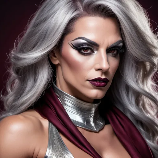 Prompt: Create a digital photograph of a gorgeous muscular 35-year-old French drag queen bodybuilder with big busom, dark eye makeup, dark lipstick,  and long fliwing silver hair, wearing burgundy scarf, marvel, intricate, no cover on eyes, highly detailed, smooth, beautiful , portrait, profile, intricate, detailed, volumetric lighting, scenery, digital painting, highly detailed, artstation, sharp focus, Torm necklace, illustration, concept art, ruan jia, steve mccurry