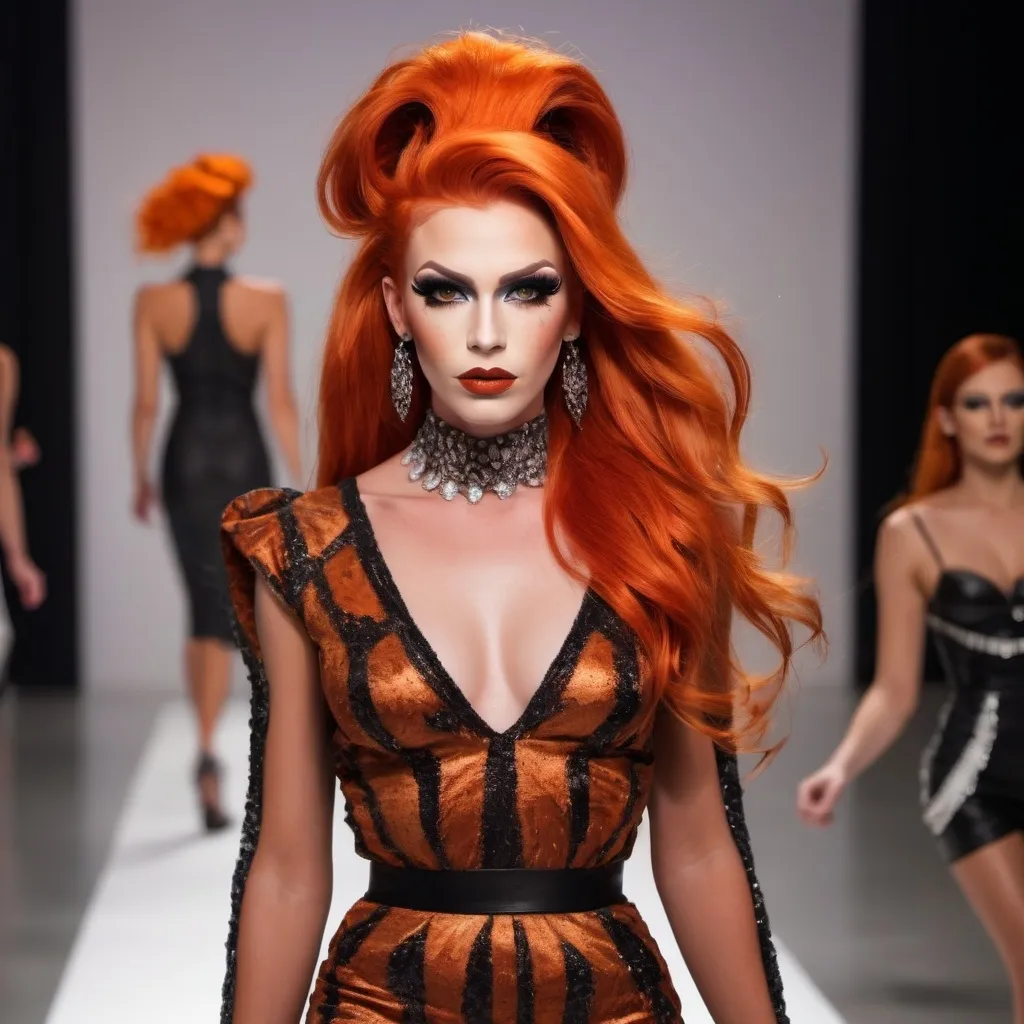 Prompt: Gorgeous statuesque 25-year-old Norwegian drag queen runway model wuth dark orange hair walking the catwalk at a fashion show.