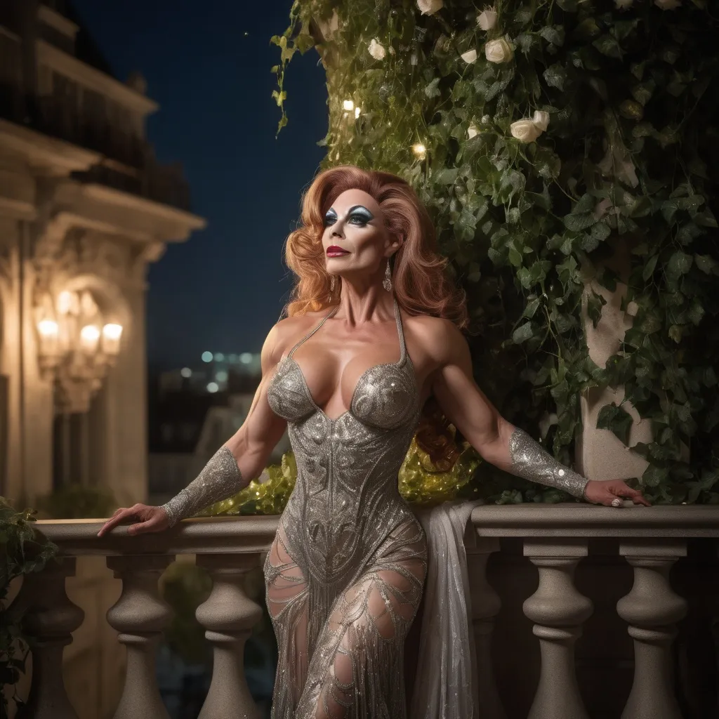 Prompt: A dreamy and ethereal scene of a gorgeous muscular 35-year-old French drag queen bodybuilder (with big busom) standing gracefully on an ornate balcony bathed in soft moonlight, waiting for Romeo. She wears a flowing, shimmering Renaissance gown that glows subtly, as if woven with stardust. The balcony is adorned with cascading ivy, enchanted roses that emit a gentle golden glow, and delicate fireflies dancing in the air. The night sky is a deep twilight blue, filled with twinkling stars and a luminous full moon. Wisps of magical mist swirl around, reflecting hues of silver and lavender, while faint celestial figures seem to watch over her from above. The atmosphere is infused with an otherworldly, fairytale-like romance, as if the scene exists between dreams and reality