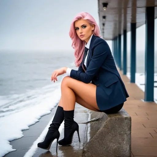 Prompt: 21 Year old Romanian goddess is a stunningly beautiful and muscular college woman with dark blue eyes, shoulder-length pink stylish hair , stunning golden-ratio faces, long shapely legs, olive skin, Knee-length white socks, 8 inch stiletto high heel shoes, very short black pleated skirt, dark navy blazer & tie, Sitting on a wall along the seafront freezing frosty on her way to school during an icy heavy rainy blizzard, icy frosty scene, fog unhappy freezing shivery and pouting, 8k photo, detailed, realistic, winter, beautiful schoolgirls, seaside view white knee-length socks, frosty, raining freezing, soaking wet, icy, pale skin, long cold wet bare legs, Flat black shoes, detailed eyes, below the freezing atmosphere.