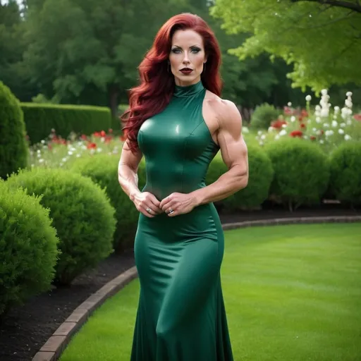 Prompt: a gorgeous 35-year-old Swedish goddess bodybuilder in  a  long green Empire Dress with a high neck line and 8 inch high heel shoes, standing on the green grass, a beautiful expressive face, ridiculously long wavy dark red hair,  dark eye shadow and dark red lipstick,  full-length, in an amazingly beautiful garden, highly photo, full-length photo, 64k hi-res digital realistic photography.