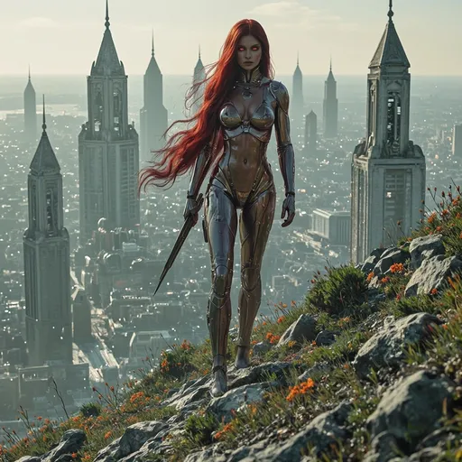 Prompt: Futuristic muscular 25-year-old Dutch drag queen cyborg with red lit eyes, well endowed and long dark red flowing hair walking down a hill of a futuristic sterile concrete and iron cityscape 