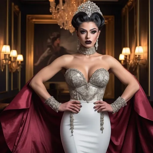 Prompt: A striking Gorgeous muscular 20-year-old Turkish drag queen bodybuilder (with masculine facial features, dark lipstick, large busom) stands center stage, adorned in an elegant, form-fitting gown that flows gracefully into a ruffled hem. The outfit is primarily white, complimented by soft, delicate ruffles at the wrists, exuding both sophistication and drama. Topping the ensemble is an oversized hat, seemingly illuminated from within, its fabric flowing like a halo while adorned with dangling jewels that catch the light. The background, rich in texture with deep reds and golds, suggests an opulent indoor setting, enhancing the overall mood of grandeur and theatricality. The scene captures an intriguing blend of contemporary fashion and classic elegance, inviting viewers to admire this mesmerizing figure as if frozen in a moment of artistic expression.