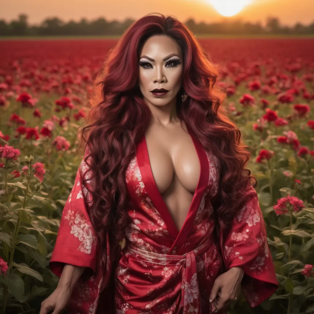 Prompt: A gorgeous muscular 35-year-old Thai drag queen bodybuilder with long curly dark red hair, dark eyeshadow, dark lipstick, 
and big busom wearing a red kimono in a field of flowers at sunset.