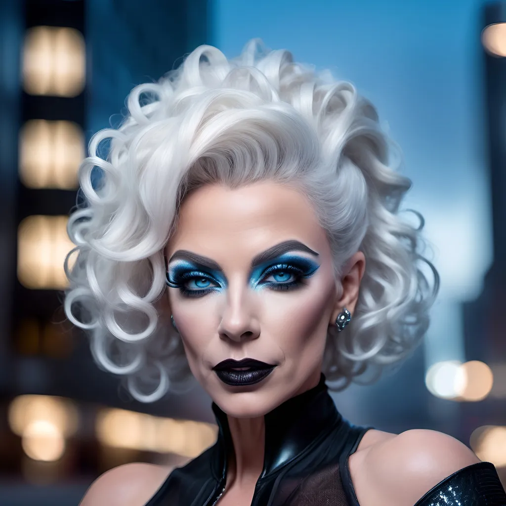 Prompt: (realistic image of futuristic French drag queen age-55), (muscular, pretty, curvy, muscular), light skin, (curly white updo hair), blue eyes, (dressed in a black dress), dark eye makeup, dark lipstick, posed flirty, futuristic city background, misty morning, (rich textures), (soft lighting), (ultra-detailed), 4k quality, opulent decor.