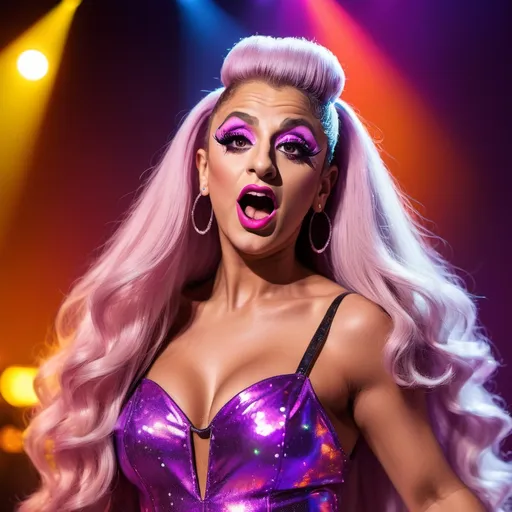 Prompt: Rodney Dangerfield dressed up as a gorgeous ultra-muscular 25-year-old drag queen Ariana Grande performing on stage.