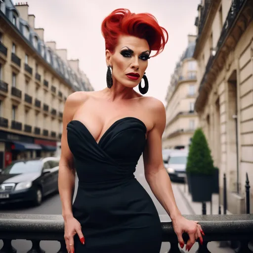 Prompt: Glamour photography of gorgeous 35-year-old czechian drag queen (strong, masculine jawline and brow features) with huge busom and short red updo hair wearing LBD and 8 inch stiletto high heel shoes, Glamour makeup in paris in the style of Guy Aroch