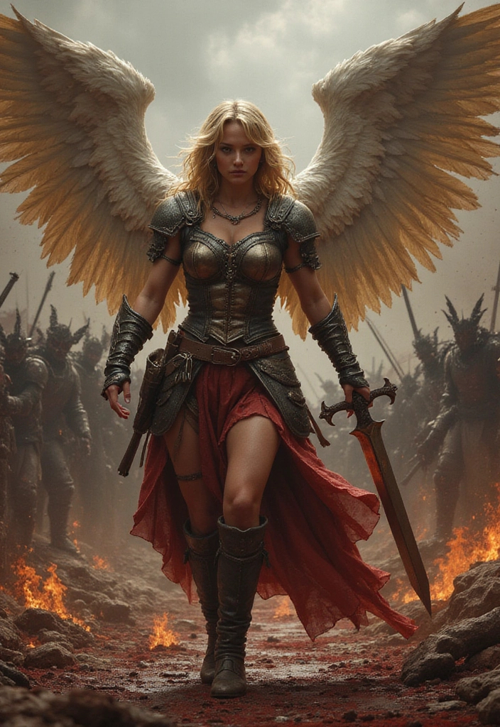 Prompt: Gorgeous angel warrior fighting her way through hell with only a large sword. Bloody demon hoard in background. 