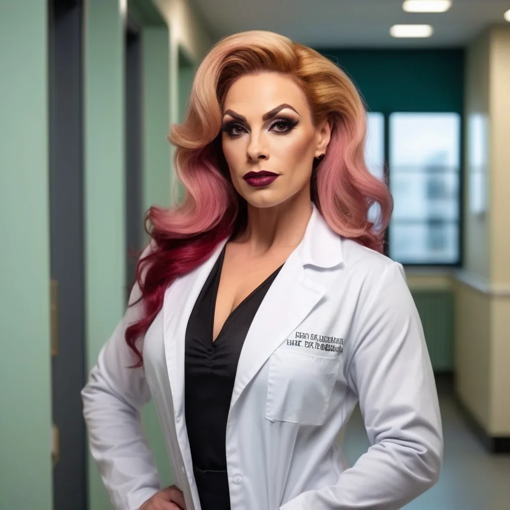 Prompt: Gorgeous muscular 35-year-old  British drag queen doctor with strawberry-blonde hair, dark eyeshadow,  dark red lipstick, big busom, photorealistic picture, detailed facial features, doctor outfit, hospital background, confident expression, intelligent gaze, high quality, professional lighting