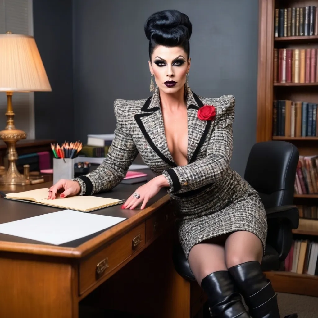 Prompt: Gorgeous, muscular, drag queen Teacher (with very strong masculine jawline) with long luscious black updo hair, dark eye makeup,  and dark lipstick wearing a beautiful designer tweed jacket & dress and thigh-high 8 inch stiletto boots. Sitting confidently on her desk.