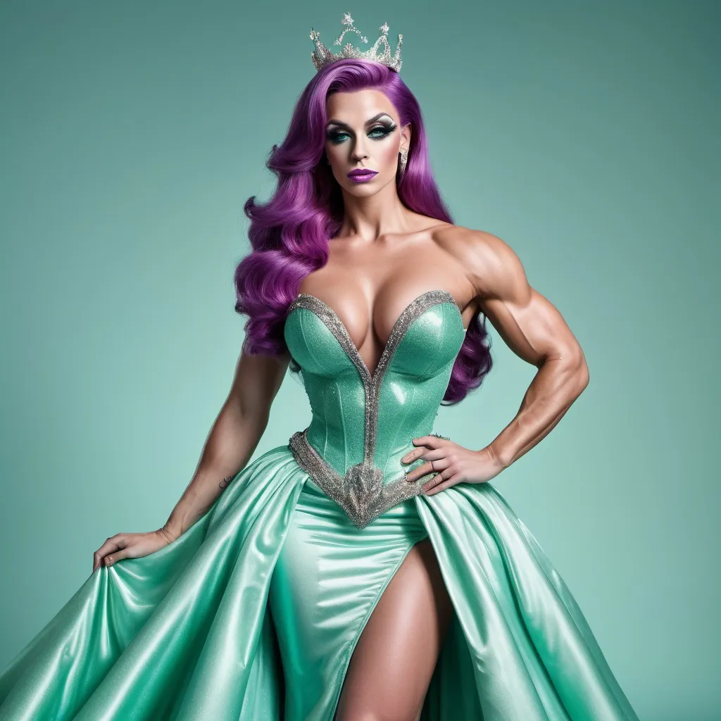 Prompt: Hyper realistic image of a Gorgeous muscular 25-year-old German drag queen (with strong masculine jawline and brow facial features) bodybuilder with huge busom, dressed up as Ariel, dressed as a queen wearing a floor-length ball gown in her iconic seafoam-green and ombre purple. The dress should be elegant and regal with detailing on the skirt.