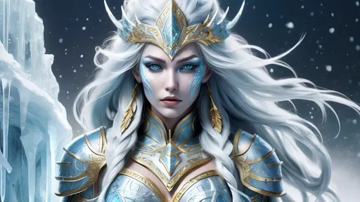 Prompt: Ice warrior goddess with ice skin and long flowing frozen hair, armor with gilded patterns and ice, superpower is ice, embodiment of the Yeti, dynamic pose