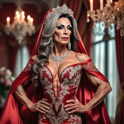 Prompt: A gorgeous muscular 45-year-old Bulgarian drag queen (strong masculine jawline and brow features) with long luscious graying hair wearing (breathtaking red oriental dress), (exquisite bride), radiant beauty, exquisite lace and satin details, flowing train adorned with delicate embroidery, beautiful soft natural lighting, romantic ambiance, lush blossom background, high-resolution, ultra-detailed, elegant and dreamy atmosphere, showcasing the perfect harmony of love and elegance, whimsical setting filled with soft pastel colors.