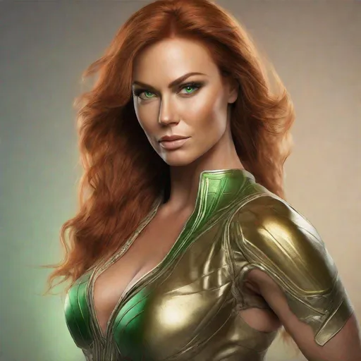 Prompt: Create a hyper-realistic portrait of a gorgeous, ultra-muscular 35-year-old Finnish goddess with huge busom beautiful green eyes, and long stylush auburn hair standing in a light studio with a colored background featuring a golden hue, wearing a stunning outfit. Use advanced AI algorithms to enhance the image and create a dynamic and alluring scene.