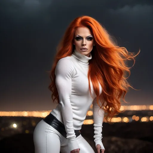 Prompt: Gorgeous ultra-muscular 25-year-old Finnish drag queen bodybuilder with very long wavy dark orange hair (((blowing in the wind))) wearing white turtleneck sweater and black leather pants, is standing on the edge of oblivion, a dark chasm filled with sparkling lights. A stormy sky is overhead.