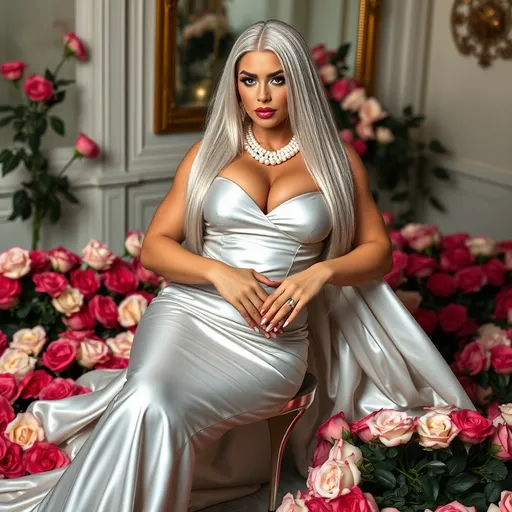 Prompt: Gorgeous ultra-muscular 25-year-old Finnish drag queen bodybuilder with long shiny straight silver hair, full lips, luxurious designer silver gown, 8 inch stiletto high heel shoes with pearl necklace, diamond rings and brackets. Posing in a room full of roses.