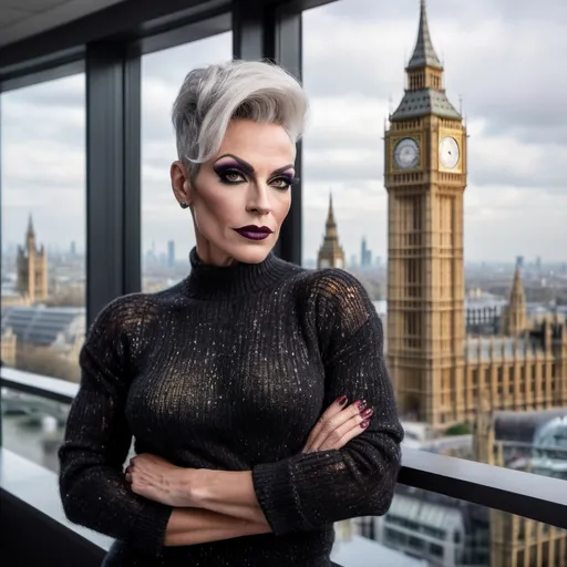 Prompt: Gorgeous muscular 45-year-old French drag queen with strong masculine jawline,  short swept over graying hair, dark eyeshadow, and dark lipstick, in the CAD office wearing a chenille knitted sweater, next to the window with London city and Big Ben view