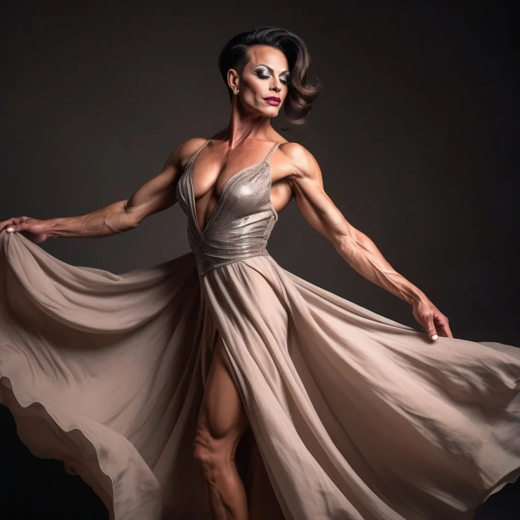 Prompt: A gorgeous muscular 35-year-old French drag queen bodybuilder (very strong masculine jawline and brow features) in a flowing, elegant dress, dancing gracefully with light fabric swirling around her, conveying a sense of freedom and joy. The scene bathed in soft, warm light creates an enchanting atmosphere, with a blurred, ethereal background emphasizing her graceful movements. Captured in ultra-detailed quality, this moment evokes feelings of beauty and harmony, encapsulating the elegance of dance.