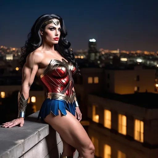 Prompt: Gorgeous umuscular 30-year-old Greek drag queen bodybuilder (very strong masculine jawline and brow features) with big busom and long wavy stylish black hair, dressed as Wonder Woman (DC Comics Character), standing on the ledge of a building at night, looking away into the city.