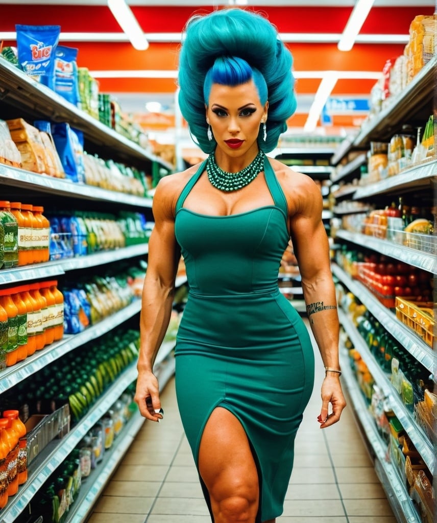 Prompt: Gorgeous ultra-muscular 25-year-old Czechian goddess bodybuilder with huge busom, blue hair in a tall beehive hairstyle and wearing a tube-style green dress, orange 8 inch stiletto high heel shoes, and a red pearl necklace.  Walking through a grocery store. Composition focus on blue beehive hairstyle.