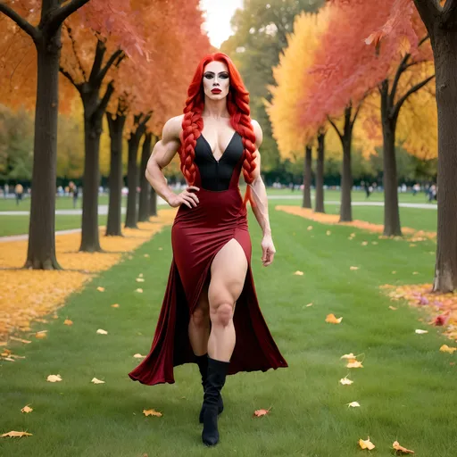 Prompt: full body, gorgeous muscular 25-year-old Czechian drag queen bodybuilder with long loosely braided bright red hair, strong masculine jawline and brow,  dark eyeshadow and dark lipstick, tempting, hourglass figure, wearing a light airy sundress, walking through the park during autumn sunset.