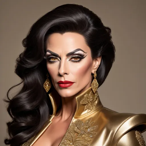 Prompt: "A gorgeous muscular Swiss drag queen in her late forties with striking dark graying hair and brown eyes that shimmer with a golden hue. She has a sharp, regal face and an air of authority. Known as the 'Golden Dutchess,' she is tall and muscular, exuding confidence and refinement. Dressed in a tailored noble coat with intricate detailing, she stands in a grand hall, her demeanor poised yet guarded, hinting at a troubled past beneath her polished exterior."