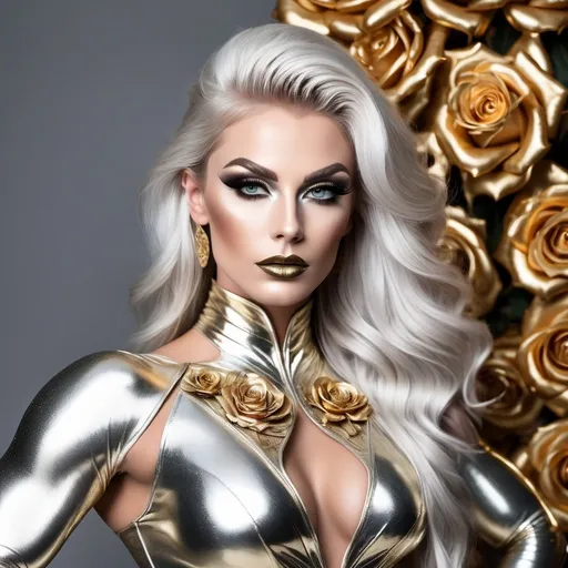 Prompt: Full body portrait of a caucasian gorgeous ethereal ultra-muscular Czechian 25-year-old drag queen bodybuilder,  The color scheme of the image is dominated by gold and silver hues. Her ridiculously long, silvery hair is elegantly gathered in a sleek bun, adorned with golden roses for added sophistication. The ethereal and fairy-like makeup enhances her divine beauty, with intricate golden accents around her eyes, shimmering highlights on her cheeks, and a radiant, golden lip color.

The goddess wears a short metallic gown that catches the light and reflects golden highlights as she moves. The view from a distance accentuates the goddess's perfect form 