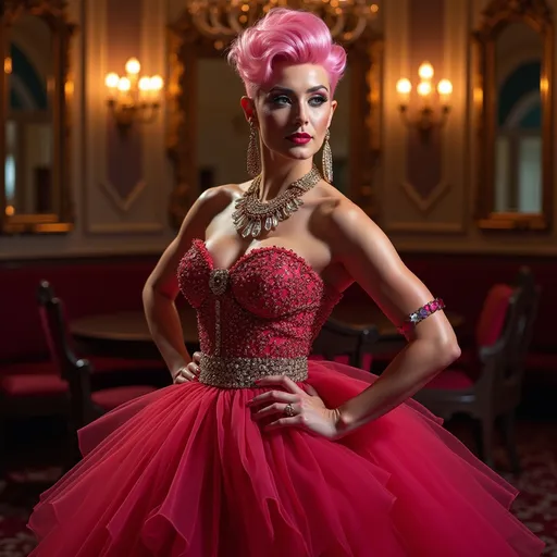 Prompt: A gorgeous ultra-muscular 25-year-old Italian drag queen bodybuilder with short spiky swept over pink hair (in a stunning long shaped Moschino dress), capturing an elegant poise, set against a glamorous backdrop, rich colors blended into a high contrast scene, soft ambient lighting highlighting the dress details, stylish accessories enhancing the royal aesthetic, flowing fabric, luxurious textures, surrounded by a warm and inviting atmosphere, high definition, ultra-detailed, fashion photography.