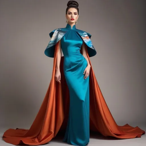 Prompt: The photo shows a gorgeous muscular 30-year-old Turkish drag queen (masculine jawline and brow) with long dark orange updo hair, in a long, elegant gown. Here's a description:

The Gown: The dress is a floor-length A-line gown, featuring a beige or champagne-colored satin top with long, wide sleeves that extend almost to the floor, creating a cape-like effect. The skirt of the dress is adorned with a vibrant, artistic print depicting a landscape of teal and blue mountains in a style reminiscent of traditional Chinese ink wash painting. There are also what appear to be stylized Chinese seals or stamps incorporated into the design. The skirt has a subtle ruffled or tiered detailing at the hem. The neckline is high and closed, in a style similar to a mandarin collar.

The Woman: The model is poised and elegant, her hair neatly pulled back. She wears delicate earrings. Her makeup is subtle and enhances her features.

The Setting: The background is a simple, solid dark red, which gives the gown and the model a striking contrast and prominence.

