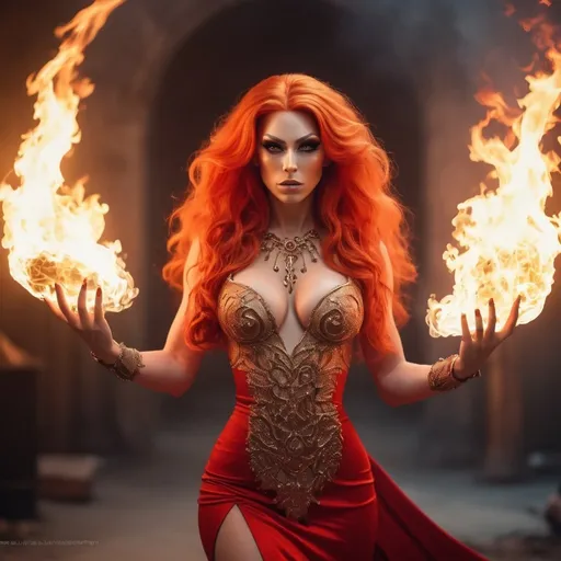 Prompt: Gorgeous ultra-muscular 25 year old Czechian drag queen with long flaming fiery hair, huge busom, {{ultra definition, concept art, cinematic, epic 4K masterpiece} a goddess of fire, fiery hair, fieryb eyes, surrounded by fire, tall and evil,
{clothes] red fiery dress,
mythology, full body,
highly detailed, digital photography, artstation, concept art, smooth, sharp focus, illustration, 4k,
