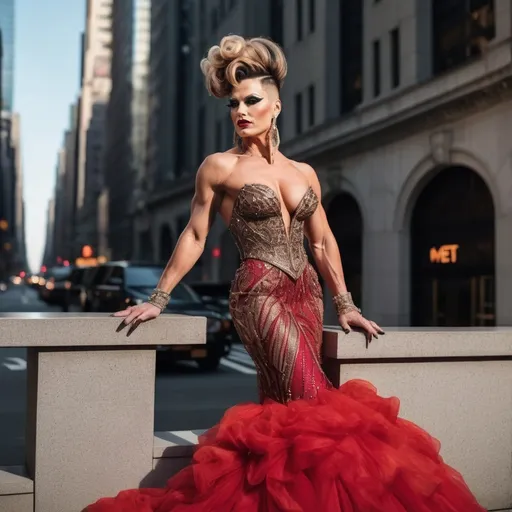 Prompt: Glamour photography of Gorgeous ultra-muscular 35-year-old (Caucasian) Hungarian drag queen bodybuilder (very strong masculine jawline and brow features) with a big busom, and  tight salt & pepper updo hair on the Met Gala steps in New York wearing designer bronze and red gown with long train, intricate details, glitter and jewels, posed 3/4 turn standing, smile, in the style of Guy Aroch