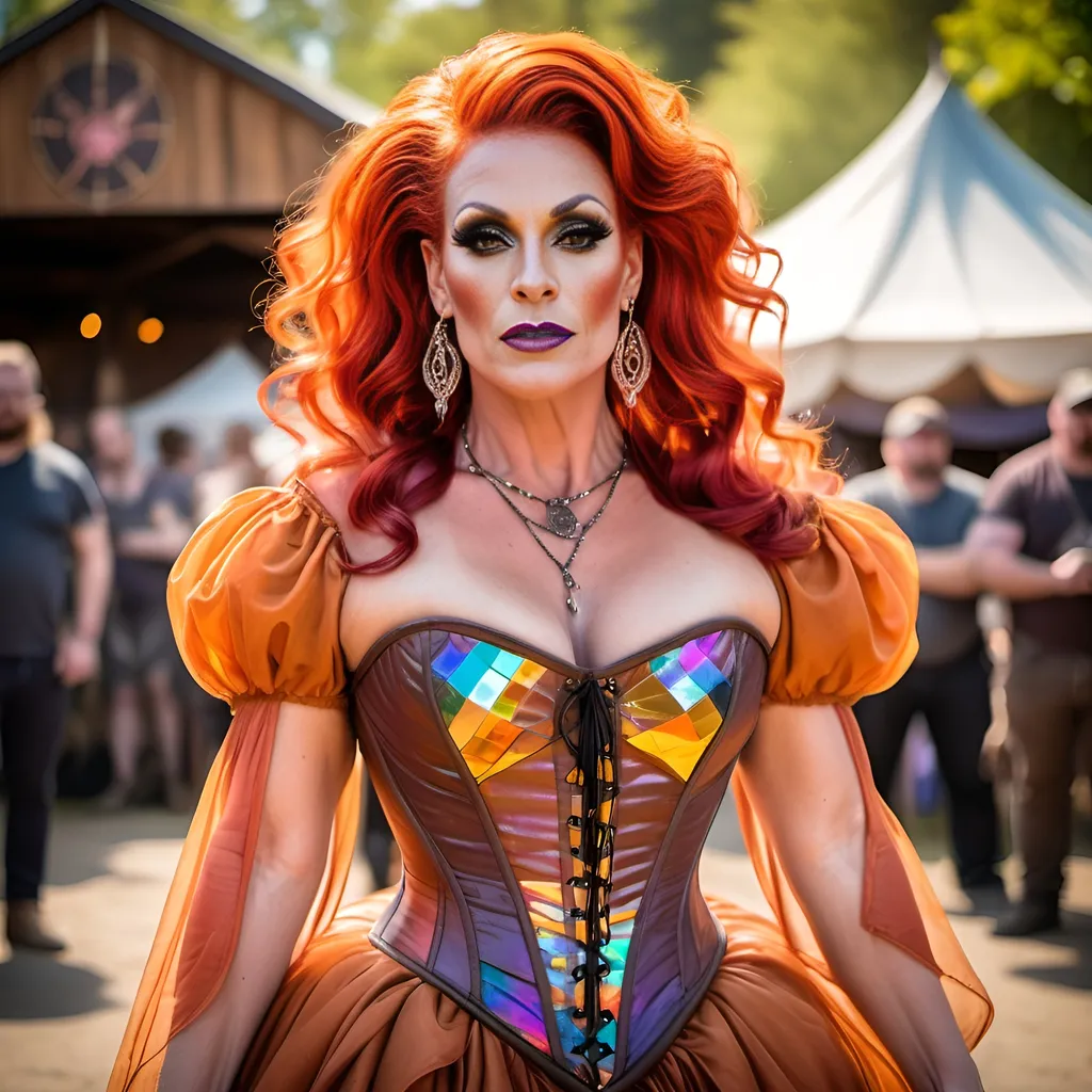 Prompt: Gorgeous muscular 35-year-old British drag queen (strong masculine  jawline and brow features) with burnt orange hair wearing a fire fairy Renaissance fair outfit, gauzy and iridescent fabric, iridescent billowing layered gypsy dress and cinched corset, flowy sleeves, shiny translucent iridescent red orange yellow
