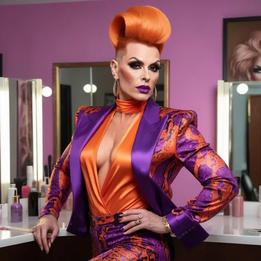 Prompt: Gorgeous ultra-muscular 35-year-old Polish drag queen (masculine jawline and brow facial features) with huge busom and long crimson high updo hairstyle dressed in tight orange leppard print pants, low cut purple blouse, and 8 inch stiletto high heel shoes, walking through a hair salon. 