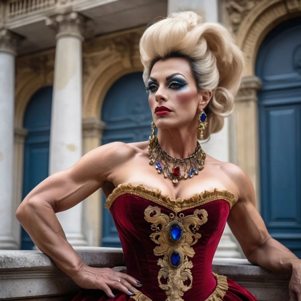 Prompt: (Gorgeous, muscular, 35-year-old French drag queen bodybuilder (with huge busom) during French Revolution 1789), (historic attire), elegant gown with intricate lace, powdered wig, stylized makeup, (dramatic atmosphere), (rich colors), vivid reds, deep blues, and gold accents, (historical setting), a grand palace courtyard, opulent architecture, (cinematic lighting), moody and intense, (4K), ultra-detailed visuals.