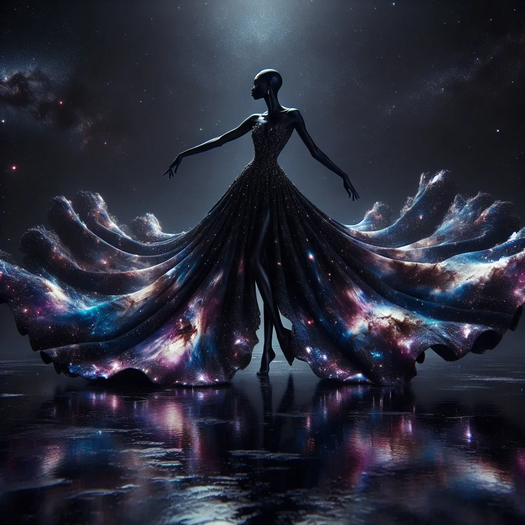 Prompt: Visualize a woman in a magnificent dress that resembles a cosmic galaxy. The dress is designed with a gradient of deep space colors, from the intense blues and purples of nebulae to the stark black of the void, sprinkled with stars and celestial bodies. It flows elegantly, defying gravity, as if she's floating through the cosmos. Her posture is majestic and serene, with her arms gently raised as if she's orchestrating the very movement of the stars. The backdrop is the infinite darkness of space, and below her, the reflective surface suggests she is hovering above a mirror-like lake that reflects the universe contained in her gown.