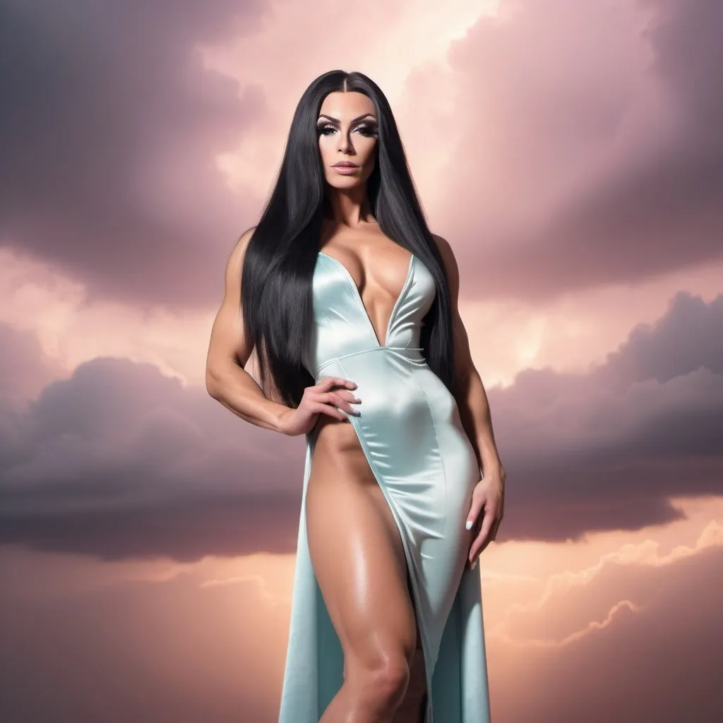 Prompt: Dreamy pastel portrait, gorgeous 25-year-old Norwegian drag queen bodybuilder, very well endowed, ridiculously long straight shiny black hair, and long muscular legs, wearing tight robes and 8 inch stiletto high heel shoes, ethereal atmosphere, soft focus