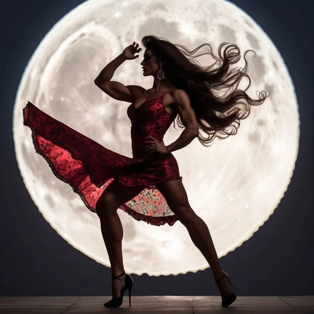 Prompt: Gorgeous muscular 25-year-old Portuguese drag queen bodybuilder (with long wavy hair, short flamenco dress and 8 inch stiletto high heel shoes) dancing flamenco in silhouette through a giant full moon.