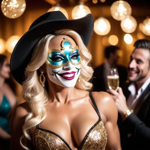 Prompt: A wide, soft focus, full-body (((cowboy shot))) of a masked Swiss champagne drag queen diva bodybuilder at a bohemian masquerade ball. Dramatic lighting and shadows. She is laughing heartedly, expressive body language.