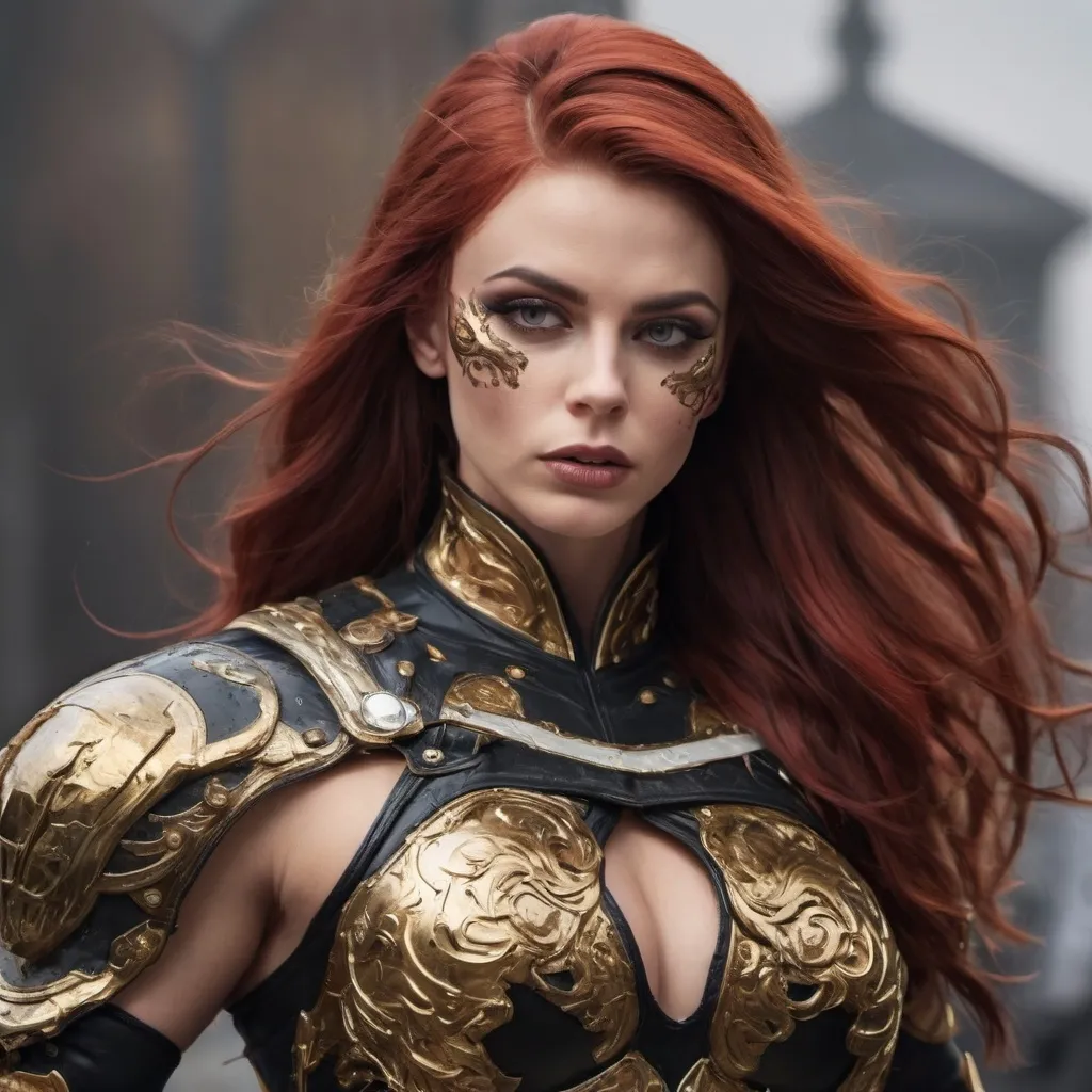 Prompt: Provide A full body, 4k resolution, photo of a gorgeous ultra-muscular 25-year-old Swedish drag queen bodybuilder with extra long dark red hair (((blowing in the wind))) wearing warriors. Black and gold armor, fighting of an ancient evil.