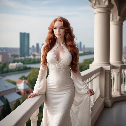 Prompt: Gorgeous 25-year-old Finnish goddess body builder with ridiculously long wavy crimson hair wearing an elegant modest white wedding dress, standing on the balcony of her luxurious mansion overlooking the city skyline. She has soft makeup and hair styled into loose waves with bangs. The gown features delicate lace detailing along its bodice and halter neckline, complemented by sheer sleeves that accentuate her figure's curves. Her pose is confident yet graceful as she gazes out at the horizon, embodying grace and elegance in timeless beauty in the style of a classic painting