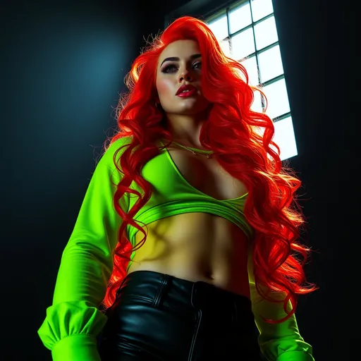 Prompt: low-angle of digital painting of a gorgeous ultra-ultra-muscular 25-year-old italian drag queen bodybuilder, with a buxom busom and very long wavy bright red hair in a dark room, black wall , sunlight streaming through a window, neon green shirt, leather pants, ,achromatic colors, 4k, high resolution, art photography, modeling pose, intense lighting, dramatic shadows, professional, detailed, atmospheric lighting