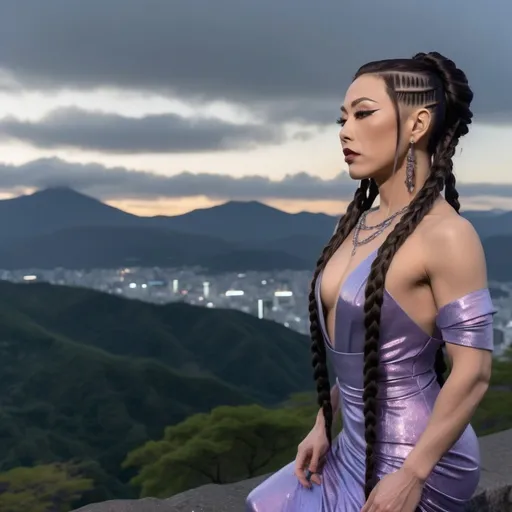 Prompt: The gorgeous muscular 35-year-old Japanese drag queen (with masculine facial features) her long hair done in pull-through braids, wearing a loose fitting dress, she is standing upon the ledge of a mountain where darkness hangs in the skies with only a glimmer of light shining upon her