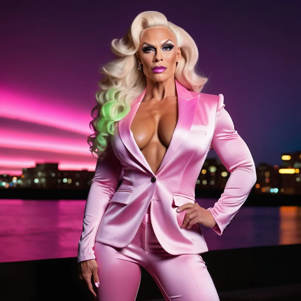 Prompt: Gorgeous muscular 35-year-old Icelandic drag queen bodybuilder (masculine jawline and brow features) with large busom, wearing a tailored silk suit, ridiculously long wavy platinum pink hair, Northern lights background, urban night background, fashionable, 8 inch stiletto high heel shoes, fingers in jacket pockets, neon lighting, highres, detailed, urban, androgynous, blue silk suit, narrow tie, short hair, urban night, fashionable, night lights, neon lighting, urban fashion. Composition focus on muscular physique. 