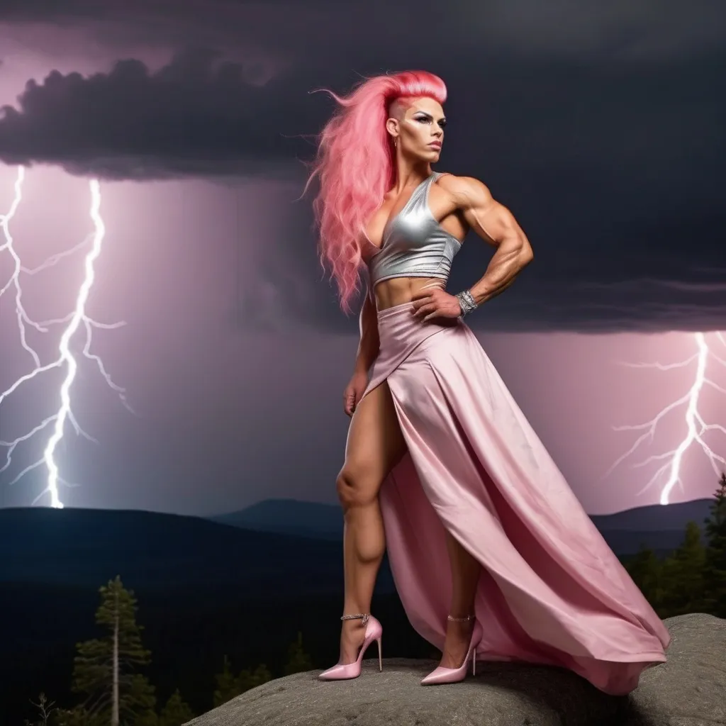 Prompt: A picture of a Gorgeous, muscular, 
Finnish 25-year-old drag queen bodybuilder (masculine jawline and brow facial features) with large busom and long stylish pink hair, wearing flowing skirt, a wrap around blouse, and 8 inch stiletto high heel shoes, alone on a mountain top during a lightning storm.