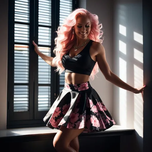 Prompt: 64k , high resolution ,dark colors ,digital photography, glamour photography , art photography , professional , dark room , window with opened shutters ,sunlight shines the woman through the window  , a gorgeous ultra-muscular 25-year-old Finnish goddess with huge busom dancing  with smile on her face  , ridiculously long wavy platinum pink hair , black floral sleeveless crop top shirt , detailed black floral short circle skirt ,necklace , legs , 8 inch stiletto high heel shoes, close up ,drama , light and shadow photography , low angle shot 