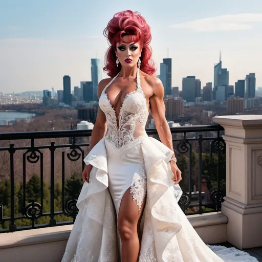 Prompt: Imagine Sylvester Stallone dressed as a Gorgeous ultra-muscular 25-year-old Finnish drag queen bodybuilder with ridiculously long wavy pink updo hairstyle wearing an elegant white wedding dress, standing on the balcony of her luxurious mansion overlooking the city skyline. Dark smoky eyeshadow,  heavy eyeliner & mascara, and dark red lipstick. The gown features delicate lace detailing along its bodice and halter neckline, complemented by sheer sleeves that accentuate her figure's curves. Her pose is confident yet graceful as she gazes out at the horizon, embodying grace and elegance in timeless beauty in the style of a classic painting