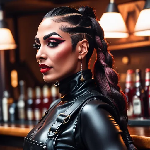 Prompt: Gorgeous muscular 35-year-old Egyptian drag queen with long braided dark red ponytail,((strong masculine jawline and brow features)), creased wrinkled shiny black leather bib overalls with turtleneck, standing in a college pub. 